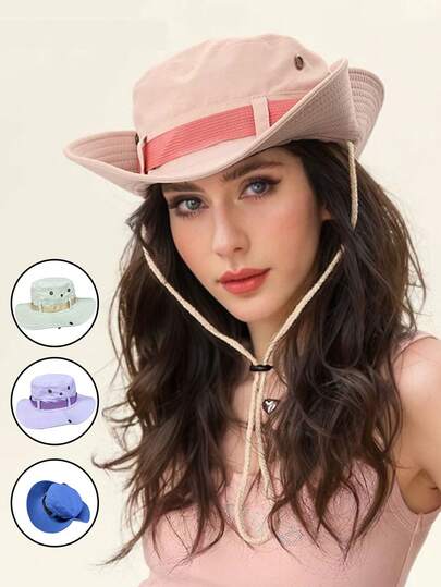 1 pieza Sombrero tipo vaquero rosa para mujer, sombrero para el sol de ala ancha para acampada y senderismo al aire libre, sombrero tipo cubo para protegerse del sol para chicas en verano