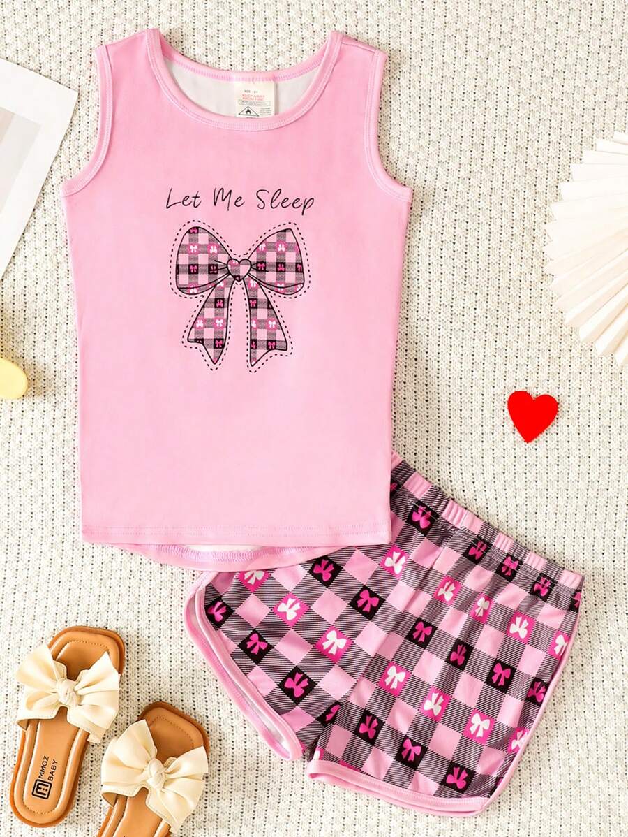2 Peças Conjunto de Pijama Ajustado para Meninas, Regata com Estampa Xadrez Fofa e Laço, Shorts, Roupa de Descanso Doce e Confortável para o Verão