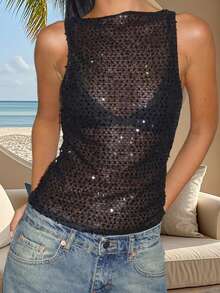 Women's Sequin Tank Tops Slim Fit Sheer See Through Stylish Solid Casual Sleeveless Vest For Summer  Spring - màu đen - Xem 4