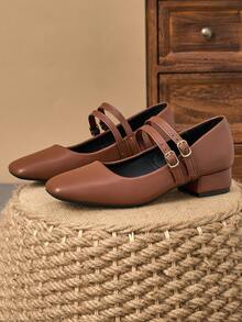 MonaNise 女士 3 厘米布面高跟鞋黑色时尚百搭海军蓝、咖啡色、酒红色粗跟低跟玛丽珍鞋 - 棕色 - 查看 6