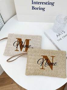 带有名字的个性化女士手拿包，个性化草编钱包，草编钱包，女士拉链手提包 - 优雅条纹卡其色手机包，非常适合生日、周年纪念、母亲节和感谢礼物，适合大学、中学、高中、返校、旅行、少女户外活动、学校学生、白领、教师、大学、工作、商务、通勤、户外、海滩、旅行、郊游、度假