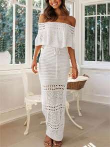 2026 Summer Women's New Elegant Tie-Waist Off Shoulder Hollow-Out Knit White Maxi Dress, Suitable For Beach Vacation, Holiday, Spring Outfit, Street Style, Party, Birthday, Festive Occasions, New Year's Eve, Business Casual - White - View 6