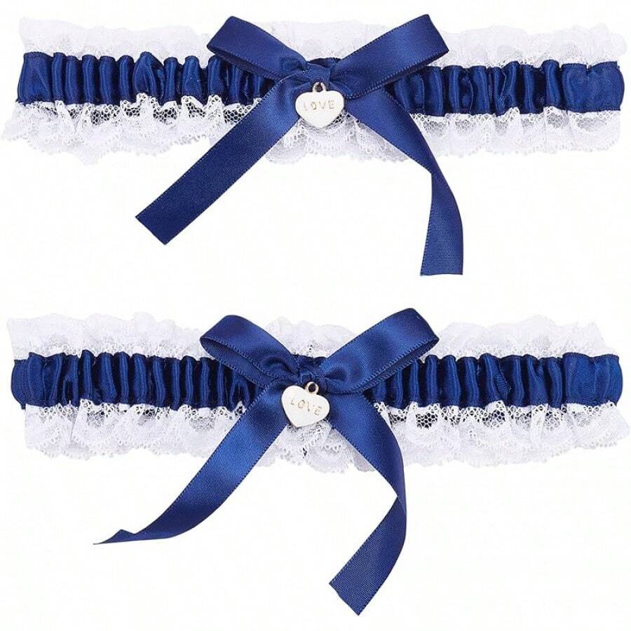 WEBEEDY 2Pcs Lace Wedding Garters For Bride Sexy Wedding Bridal Garter With Bow Party Prom Leg Garter Belt Tossing Thigh Garters Black Bowknot Elastic Leg Ring For Party Prom Birthday Halloween Christmas New Year - 藍色 - 查看 1
