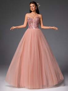 VIPGIRL Blush Pink Strapless Sequin Beaded Tulle Ball Gown For Women, Elegant Mesh Prom Dress, Sweetheart Formal A-Line Evening Gown,Party Outfit,Women's Formal Wear,Evening Gown, For Wedding Guest - Coral Pink - View 6