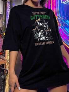 Camiseta divertida de vaquera con gato para mujer | Camiseta gráfica con humor occidental | Diseño único de cactus del desierto | Camiseta de manga corta para mujer y hombre - Negro - Ver 2
