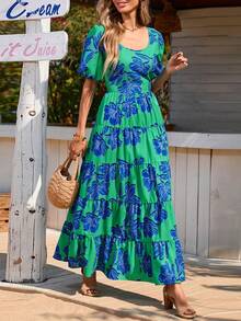 Women's Dress, Puffed-Sleeve Floral Casual Summer Dress, Pleated Back, Beach Flowing, Layered Long Sundress - Nền xanh lá cây với hoa màu xanh - Xem 5