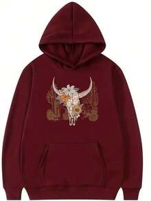 Sudadera Casual Suelta con Capucha de Mujer con Cabeza de Vaca Calavera y Cactus Estampado Bolsillos Canguro y Cordón de Ajuste Sudadera con Capucha - Burdeos - Ver 5