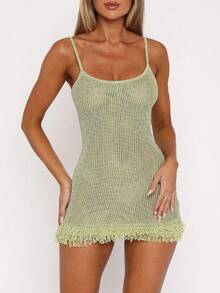 Women's Crochet Short Dress Hollow Out Spaghetti Strap Tassel Hem Bodycon Swimsuit Cover Up Summer  Knit Dresses - 綠色 - 查看 4