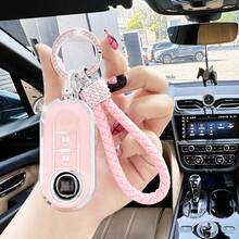Aafiete Car Rhinestone Cherry Blossom Design Braided Leather Keychain Cover, Suitable For Fiat 500, Boyue, Bravo, Iveco, Olsen Car Key Fob - Pink Diamond Rope - View 10