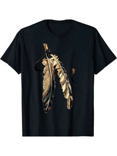 [Outdoor Adventures] Camiseta gráfica de plumas de arte  nativo americano del suroeste para hombres - Camiseta de algodón negra con cuello redondo y diseño de plumas vibrantes en amarillo, naranja y marrón, ropa casual y de exterior para todas las estaciones, camisetas occidentales