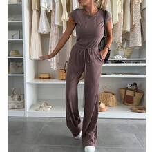 Women's Elegant Solid Color Crew Neck Ribbed Knit Short Sleeve Wide Leg Long Suit Set, Spring Autumn Summer - Coffee Brown - View 8