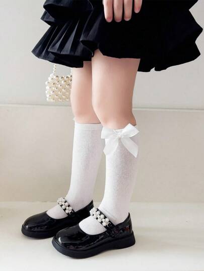 1 Pair Solid Color Girls Long Tube Socks With Bow, Breathable For Kids/Teens, Suitable For Casual, School, Vacation And Daily Wear