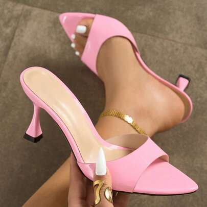 Jin Bei Qi Women Fashion High Heel Shoes, Pointed Toe, Shiny Patent Leather, Colorful Material, Sexy Mules, Elegant Pink Sandals For Party, Outdoor, Banquet In Spring & Summer