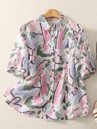 Women Summer Linen-Like Color Ink Print Loose Bohemian Lapel Short Sleeve Blouse