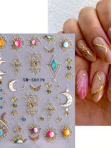 2 Pieces Of Bohemian Star Moon Sun Relief Nail Art Stickers - Yellow, Red, Blue, And Purple Stars, Moon, Sun, And Pearl Art Designs, 5D Relief Craftsmanship, Disposable Self Adhesive Back Adhesive Nail Stickers Suitable For Women, Bohemian Star Moon Theme Style, Easy To Stick Nail Decoration Stickers