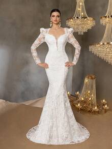 Faeriesty 优雅长袖鱼尾下摆蕾丝婚纱，新娘 - 白色 - 查看 4