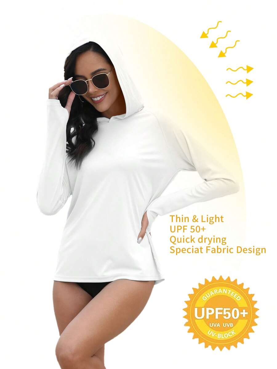 Damska koszulka z kapturem i długim rękawem z filtrem UV UPF 50+, z otworami na kciuki do biegania, ćwiczeń, wędrówek, wędkowania, lekka, sportowa, na świeżym powietrzu - Biały - Zobacz 1