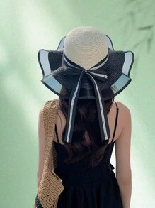 1 pieza Sombrero de verano de mujer estilo bohemio con bordes ondulados, detalle de lazo, ala ancha, sombrero de paja plegable de moda para protección solar al aire libre o diaria, regalo del Día de San Valentín