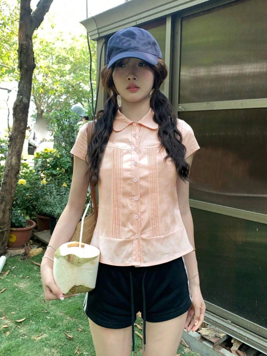 Cute Peter Pan Collar Waist Cinched Short Sleeve Shirt, Versatile Casual Blouse Tops - Pink - View 1