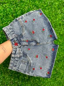 Women's High Waist Jean Shorts I With Cherry Embroidery I Hem I 100% Cotton I Marbled Wash - 大理石紋 - 查看 1