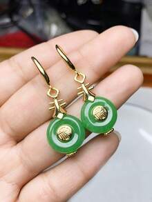 1pc Natural Jade Green Color Amulet Hoop Earrings, Vintage Plated Gold Inlay Lady Elegant Jade Earring Pendant, Gift & Everyday Wear - Green - View 7