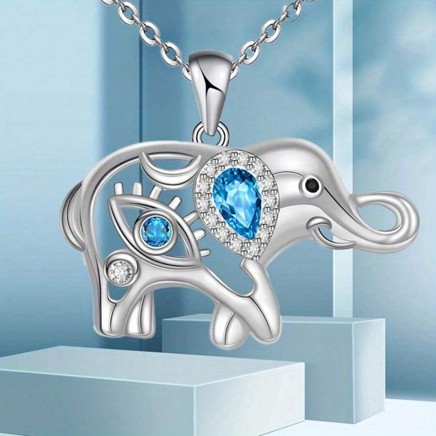 Exquisite Silver - Toned Elephant Pendant Necklace With Blue Gemstones And Diamond - Like Embellishments. Ideal For Animal - Lovers Or As A Unique Gift For Birthdays And Special Occasions. - VariantValue - View 1