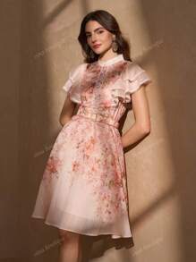 Elegant Romantic Floral Printed Half-Button Decorative Belt Vacation Style Dress For Women