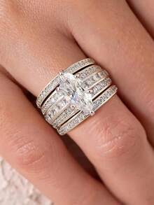 3pcs S925 & 925 Sterling Silver Luxury Full Diamond Marquise Ring Set, Elegant Women's Dating Party Ring, Sophisticated Jewelry Gift For Anniversary - Three Sets Of Rings With Full Horse Eye Diamonds - View 3