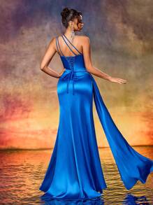 Women's Asymmetrical Neck Satin Beaded Detail Pleated High Split Evening Gown Dress, Formal, Party Dress, For Wedding Guest