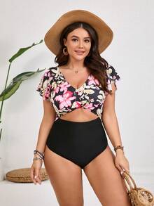 Bikini de Flores Mexicanas con Volantes Asimétricos | Traje de Baño en Rosa Fuerte/Verde – Estampado Artesanal para Vacaciones en la Playa y Fotos con Estilo Bohemio - Morado - Ver 5