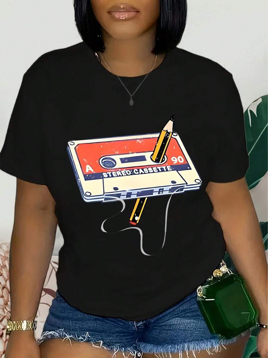 80'S Made 90'S RAISED MUSIC Print Street T-Shirt, Plus Size Women'S With Retro 80s And 90s Party Graphics, High Stretch Knit Fabric Suitable For Daily Wear At Home, Outdoor Sports And Casual Wear Casual Short Sleeve Top For Spring & Summer, Women's Clothing - 黑色 - 查看 1