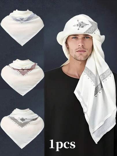 1 件印花阿拉伯迪拜沙特阿拉伯男士头巾，中东花卉图案波西米亚涤纶头巾，适合所有季节