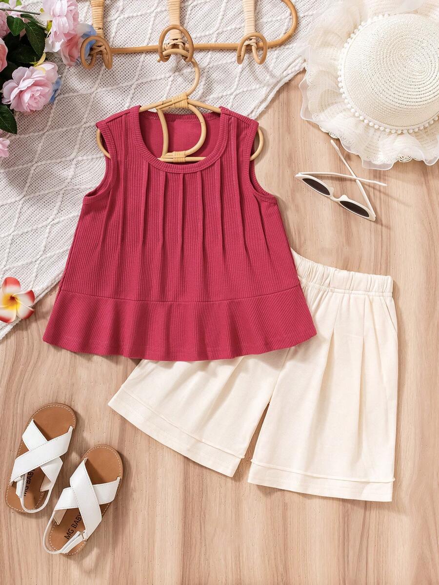 2pcs/Set Girls Solid Color Pleated Sleeveless Top & Wide Leg Pants Outfit, Minimalist & Fashionable, Suitable For 4-7 Years Old Girls