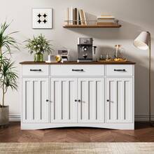 Asofer Farmhouse Coffee Bar  Buffet Cabinet With 6 Shelves And 3 Drawers, Kitchen Storage Cabinet  With Adjustable Shelves , Rustic Sideboard Table For Kitchen, Dining Room - 棕色 - 查看 3