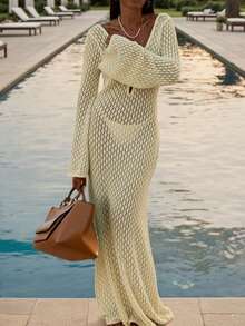 钩针编织V领露背褶皱腰身修身连衣裙，适合度假、女士时尚、优雅、性感、简约纯色休闲针织长裙，适合海滩、万圣节服装、白色泳装、时尚秋季、情人节、新年、年末、圣诞派对穿着。 - 芥末黃 - 查看 8