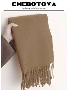 1条女士柔软流苏纯色羊绒围巾，30*180厘米，适合春、夏、秋、冬四季搭配连衣裙 - 深卡其色 - 查看 5