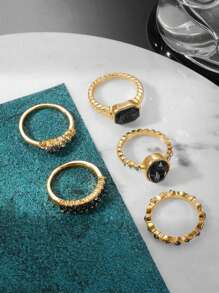 5pcs Fashion Cubic Zirconia Rings Set In Purple, Green, Black, Geometric Shapes, Suitable As Gifts For Girlfriend, Birthday, Anniversary, Holiday, Wedding, Date Party, Daily Wear
