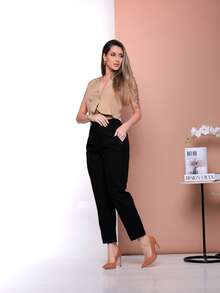 Elegant Twill Dress Pants With Elastic Waistband At The Back C3038 - màu đen - Xem 5