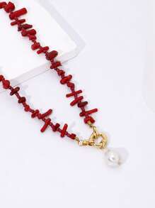 1pc Boho Tropical Island Irregular Red Coral Beaded Sailor Buckle Necklace For Charm Women's Vacation Beach Jewelry Accessories