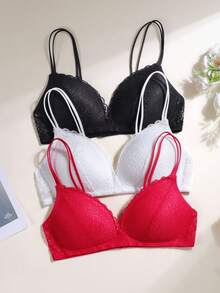 3pcs/Set Teenage Girls' Lace Bras With Adjustable Straps, Breathable & Comfortable, Suitable For 13-16 Years Old