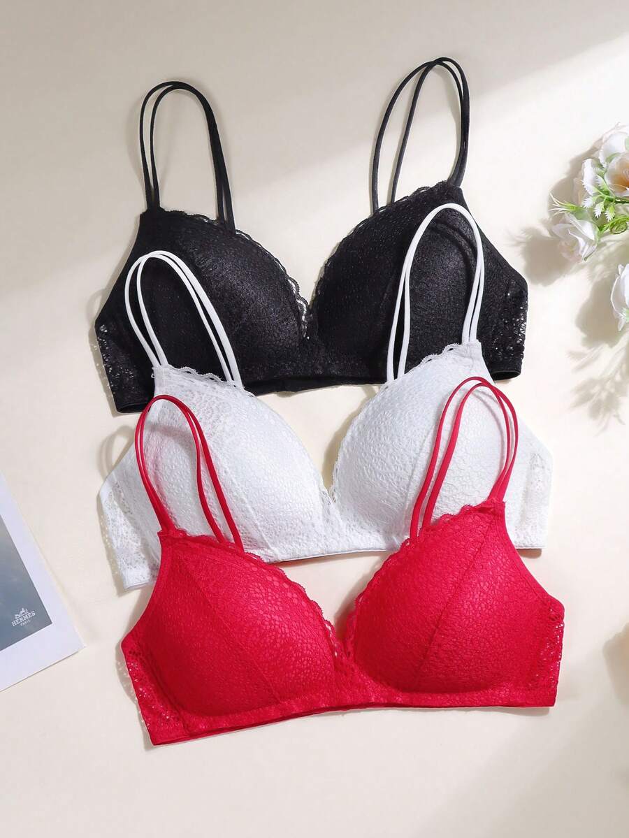 3pcs/Set Teenage Girls' Lace Bras With Adjustable Straps, Breathable & Comfortable, Suitable For 13-16 Years Old