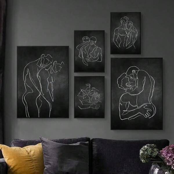 1pc/3PCS Wall Arts Posters Optional Frame Modern Wall Art Canvas Painting Bedroom Home Decoration Gay Gift Poster Men Kiss Embrace Love Prints Abstract Lines Simple