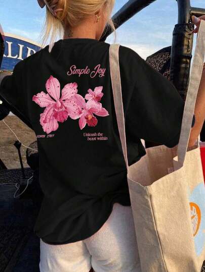 Plus Size Women's Colorful Floral & Letter Print Round Neck T-Shirt, Fashionable & Versatile Casual Black Summer