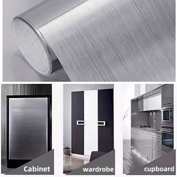 Silver Stainless Steel Contact Paper Wallpaper Peel And Stick Wall Paper Waterproof Easily Removable Self-Adhesive Film Wall Covering For Metal Surface Kitchen Cabinet Refrigerator