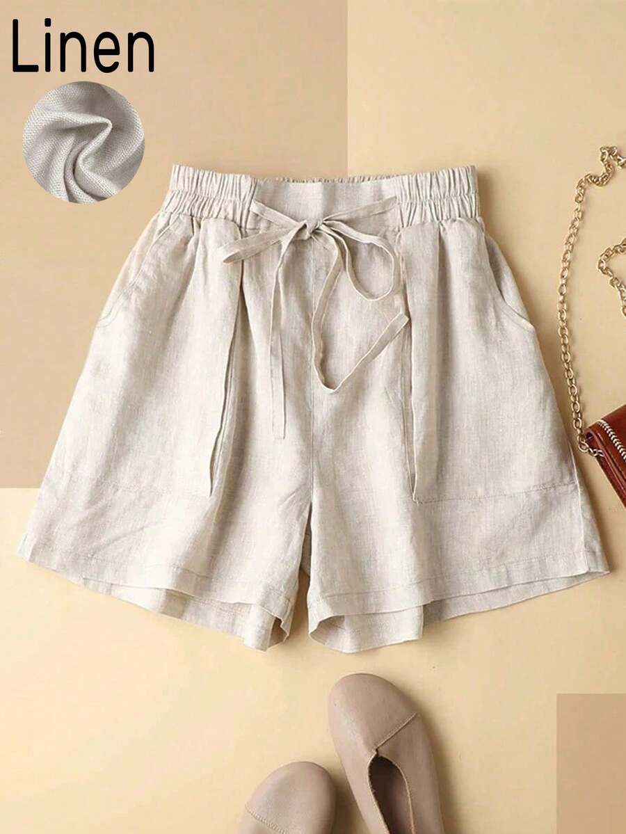 Plus Size Women's Casual Summer Linen Drawstring Waist Shorts With Pockets - Apricot - View 1