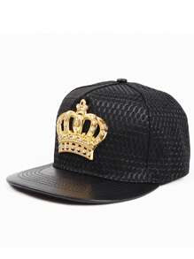 1pc Men's Metal Crown Decor PU Brim Casual Snapback Hat, Adjustable Sun Protection Outdoor Hat, Spring & Autumn