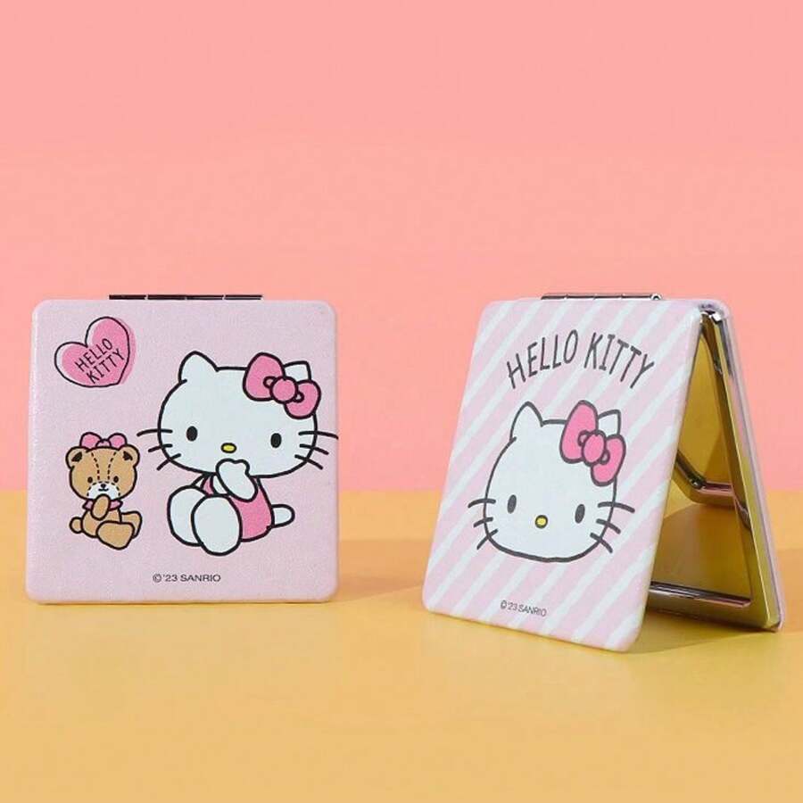 Miniso Portable Makeup Mirror, Foldable Handheld Mirror, Double-Sided, 2X Magnification, Suitable For Outdoor, Makeup, Travel - Pink Stripes - View 1