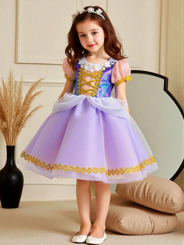 Girls Long Puff Sleeve Princess Dress Mesh Tulle Patchwork Party Cosplay Costume