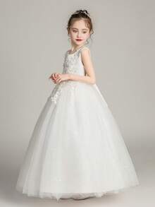 Tween Girls Elegant Embroidered Applique Bridesmaid Flower Girl Dress, White Sequin Holy Communion Party Wedding Banquet Graduation Formal Gown - trắng - Xem 8