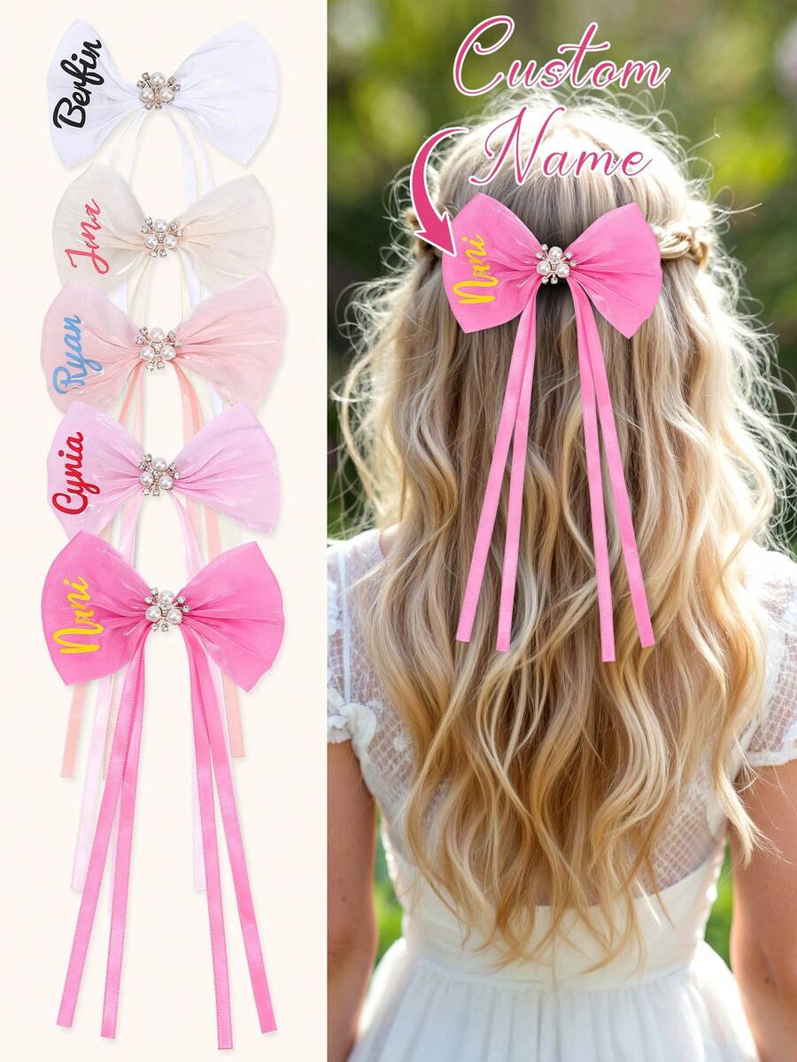 1pc Custom Hair Bow With Long Tail White Pink Bow Elegant Mesh Bowknot Pearl Bow Hair Clips Custom Name For Girls Teens Kids Hair Accessories